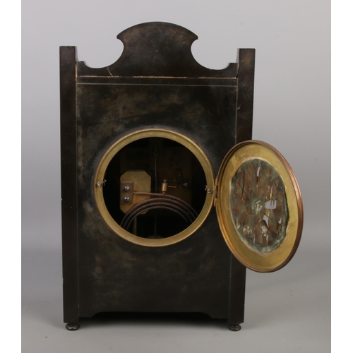30 - A French antique black slate mantel clock, featuring architectural case with aesthetic design, black... 