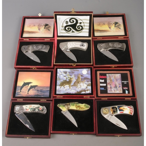 61 - Six cased folding collectors knives, to include 'True Americans', 'Colors that Never Run' and Wolf t... 