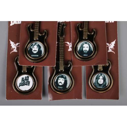 7 - A set of five Black Sabbath guitar pin brooches. Four featuring band members and one logo, all on pa... 