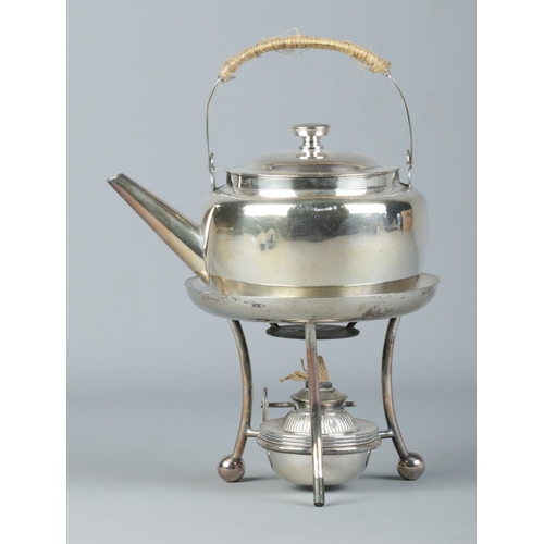 123 - Christopher Dresser for Hukin & Heath, a Victorian silver plated batchelor's spirit kettle on stand.... 