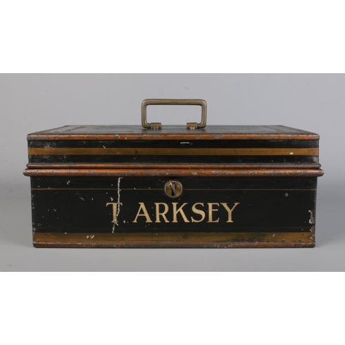 127 - A Milner's of Liverpool metal cash box/strong box. Stencilled for T Arksey. With key. Height 13cm, W... 