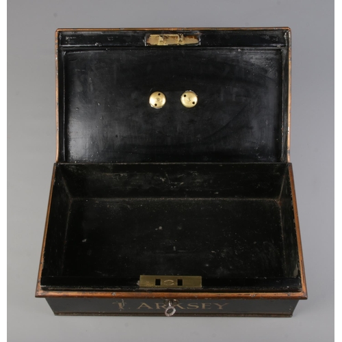 127 - A Milner's of Liverpool metal cash box/strong box. Stencilled for T Arksey. With key. Height 13cm, W... 