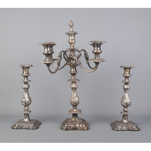 130 - A silver plate on copper five branch candelabra, along with a pair of Barraclough & Sons silver plat... 