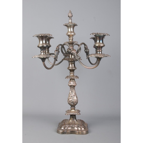 130 - A silver plate on copper five branch candelabra, along with a pair of Barraclough & Sons silver plat... 