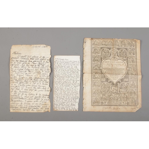 136 - Three 19th century leather bound bibles, along with a page from The New Testament, 1613.