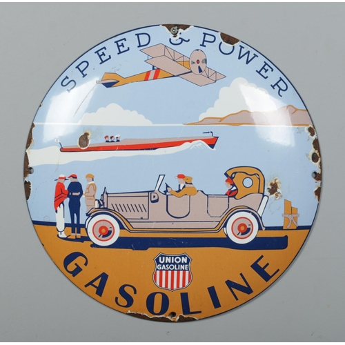 139 - An enamelled advertising sign for Union Gasoline. Diameter 30cm.