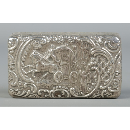 156 - An Edwardian silver box. With repousse decoration depicting a married couple departing in a horse dr... 