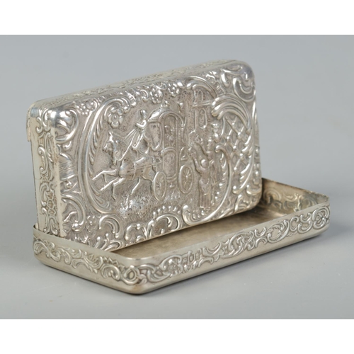 156 - An Edwardian silver box. With repousse decoration depicting a married couple departing in a horse dr... 