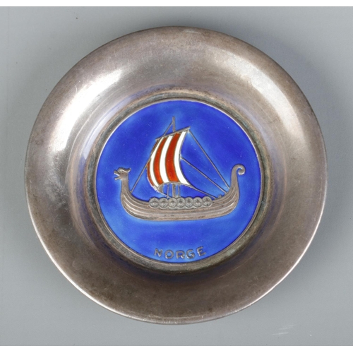 157 - A Norwegian silver and enamel pin dish. Decorated with a Viking longboat, Norge. Maker's mark for OF... 