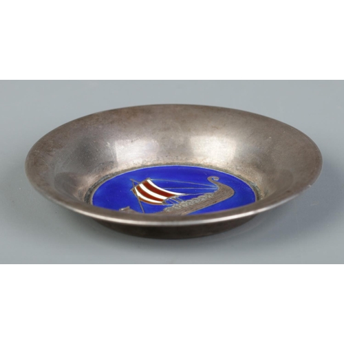 157 - A Norwegian silver and enamel pin dish. Decorated with a Viking longboat, Norge. Maker's mark for OF... 