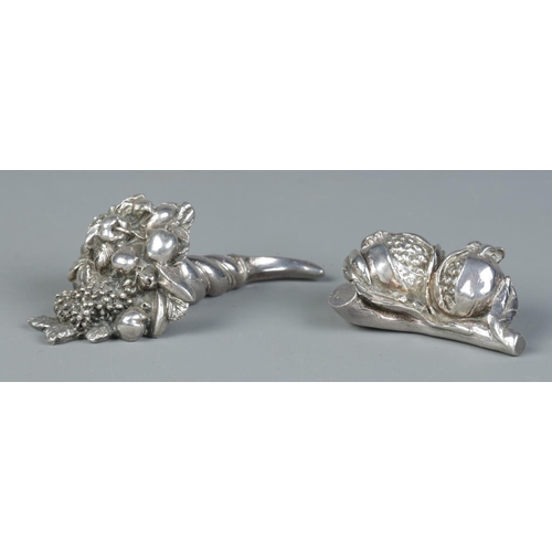 160 - Alessandro Magrino, two silver filled models, one of a fruiting cornucopia, the other of pomegranate... 