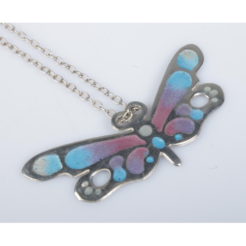 176 - A 1970s Norman Grant silver and enamel butterfly pendant on silver chain. Pendant 1.5cm x 4.5cm.