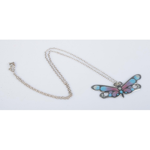 176 - A 1970s Norman Grant silver and enamel butterfly pendant on silver chain. Pendant 1.5cm x 4.5cm.