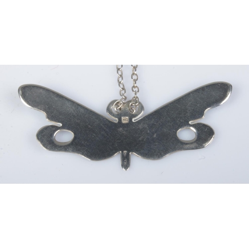 176 - A 1970s Norman Grant silver and enamel butterfly pendant on silver chain. Pendant 1.5cm x 4.5cm.