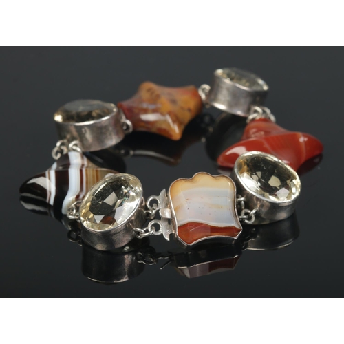 178 - A 19th century Scottish white metal agate set bracelet. Length 7 inches.