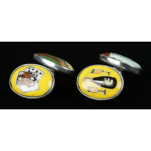 207 - Two pairs of enamelled cufflinks. Includes silver Four Vices pair decorated with scenes and items in... 