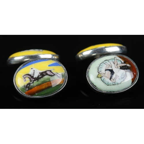 207 - Two pairs of enamelled cufflinks. Includes silver Four Vices pair decorated with scenes and items in... 