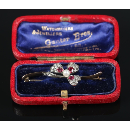208 - A 15ct gold floriform bar brooch set with diamonds, rubies and a central pearl. Seed pearl approxima... 