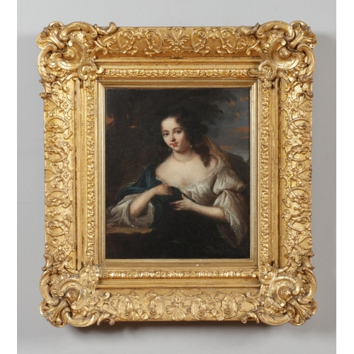 220 - After Simon Verelst (1644-1721), a gilt framed oil on canvas, portrait of a maiden in moonlit landsc... 