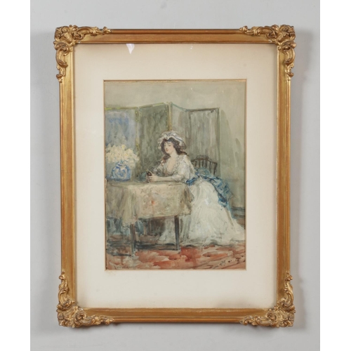 224 - Albert Ludovici (1852-1932), a gilt framed watercolour, interior scene with a maiden sat at a table.... 