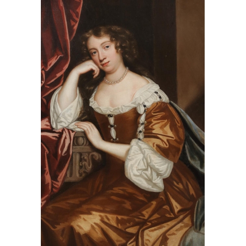 Circle of Sir Peter Lely (1618-1680), a large gilt framed oil on canvas, portrait of a lady, said to be the Duchess of Portsmouth. 122cm x 100cm.