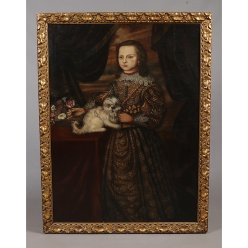 229 - A large 17th century giltwood framed oil on canvas, portrait of a young girl with her pet dog. 124cm... 
