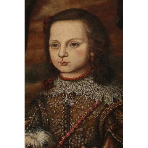 229 - A large 17th century giltwood framed oil on canvas, portrait of a young girl with her pet dog. 124cm... 