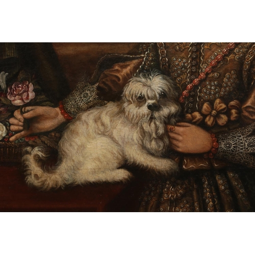 229 - A large 17th century giltwood framed oil on canvas, portrait of a young girl with her pet dog. 124cm... 