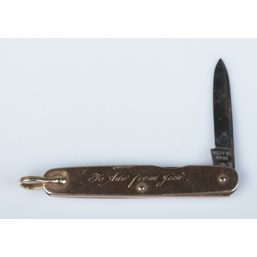 172 - A gold double folding pen knife made in Sheffield. With presentation inscription dated 1908. Length ... 