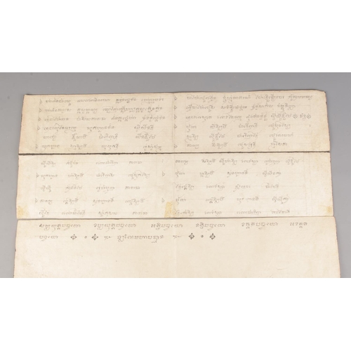 74 - An early/mid Twentieth Century Cambodian manuscript on guache, in Pali depicting Buddhist figures to... 