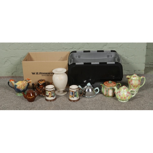 131 - A box of mainly ceramics, to include Melba Ware Primrose teapot and coffee pot, Royal Winton Rooster... 