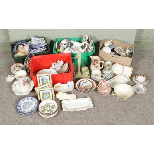 135 - Four boxes of miscellaneous items - mainly ceramic examples; Royal Albert Hidden Valley plates, Wedg... 