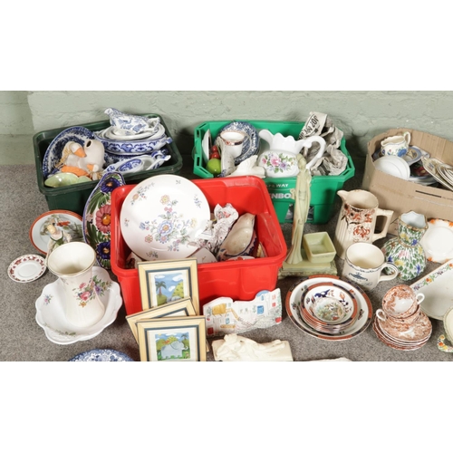135 - Four boxes of miscellaneous items - mainly ceramic examples; Royal Albert Hidden Valley plates, Wedg... 