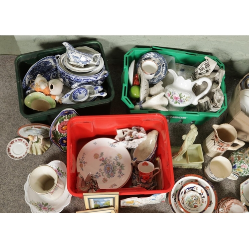 135 - Four boxes of miscellaneous items - mainly ceramic examples; Royal Albert Hidden Valley plates, Wedg... 