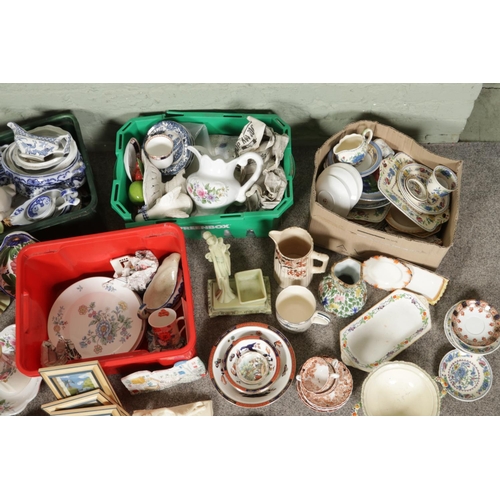 135 - Four boxes of miscellaneous items - mainly ceramic examples; Royal Albert Hidden Valley plates, Wedg... 