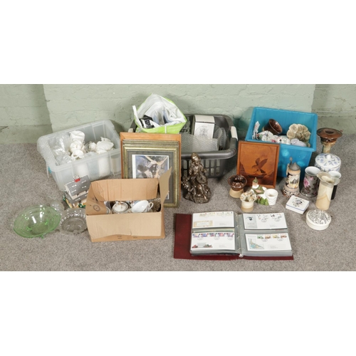 136 - Three boxes of miscellaneous items to include art deco glass fruit bowl, cut crystal glasses, wedgwo... 