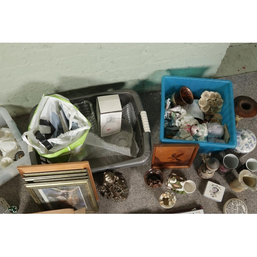 136 - Three boxes of miscellaneous items to include art deco glass fruit bowl, cut crystal glasses, wedgwo... 
