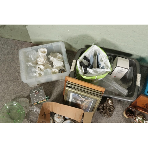 136 - Three boxes of miscellaneous items to include art deco glass fruit bowl, cut crystal glasses, wedgwo... 