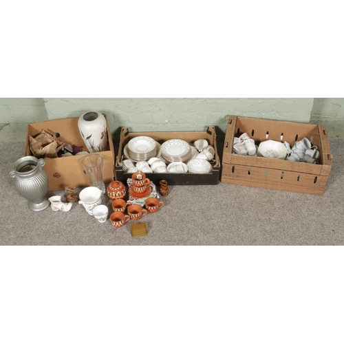 143 - Three boxes of miscellaneous items; A Pendant Gilt decorated part tea set, Crown Ming part tea set, ... 