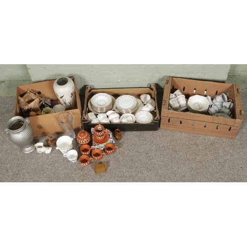 143 - Three boxes of miscellaneous items; A Pendant Gilt decorated part tea set, Crown Ming part tea set, ... 