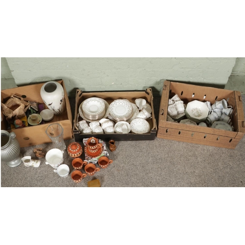 143 - Three boxes of miscellaneous items; A Pendant Gilt decorated part tea set, Crown Ming part tea set, ... 
