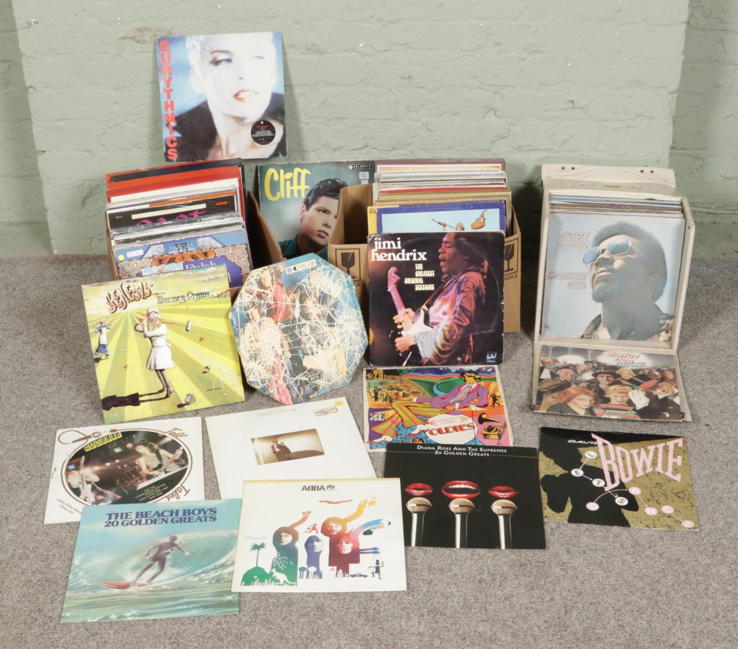 Two boxes of Vinyl LP Records to include Genesis Nursery Cryme, Rolling ...