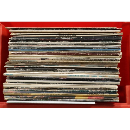 145 - Two boxes of vinyl LP's mainly rock and pop to include The Eagles, Queen, U2, The Who, Jethro Tull, ... 