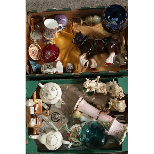 163 - Two boxes of miscellaneous ceramics and glassware to include Capredoni by Dartington, Poole, Wade, Q... 