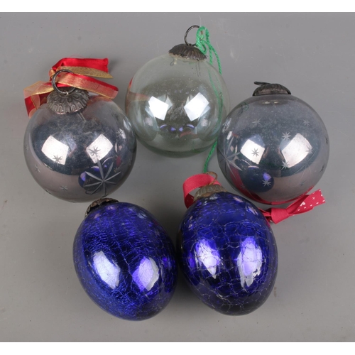 117 - Two thick glass German Kugel Ball Christmas decorations along with three other antique/vintage Chris... 