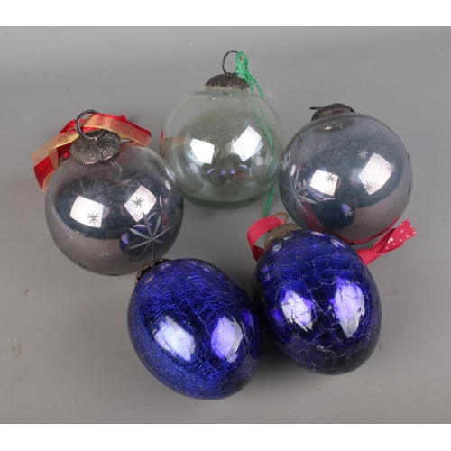 117 - Two thick glass German Kugel Ball Christmas decorations along with three other antique/vintage Chris... 