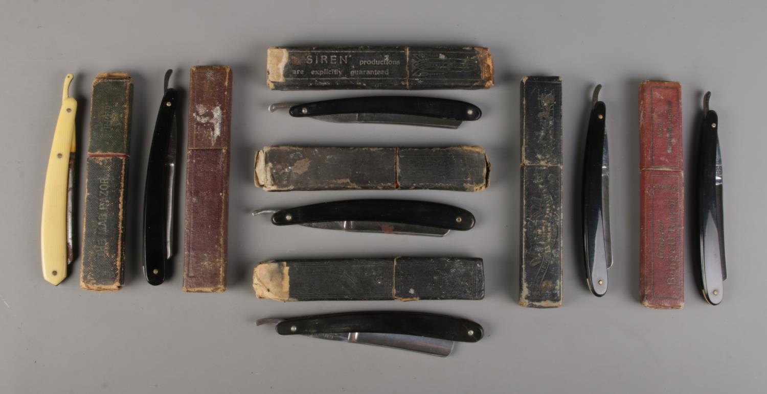 Seven cut throat razors. To include examples by John Heiffor, 'The ...