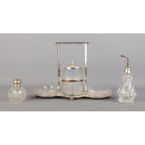 104 - A silver plated and cut glass James Dixon and Sons jam cruet set, together with a silver topped glob... 