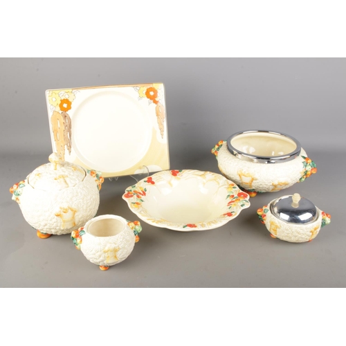 107 - Five pieces of Clarice Cliff Celtic Harvest pattern ceramics together with a Clarice Cliff Biarritz ... 