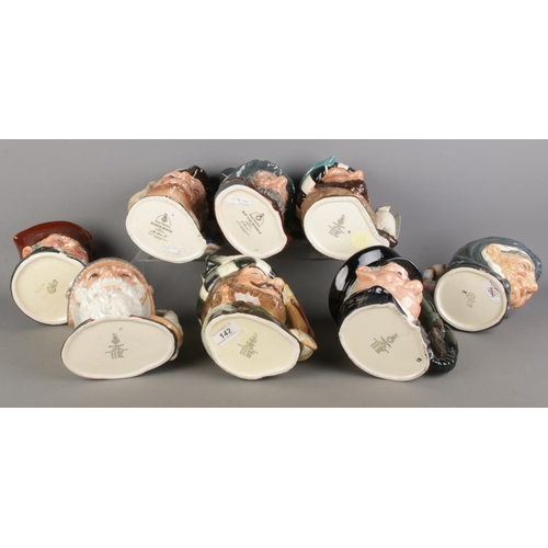 14 - Eight large Royal Doulton character jugs; Robinhood D6527, Trapper D6609, Lobster Man D6617, Don Qui... 
